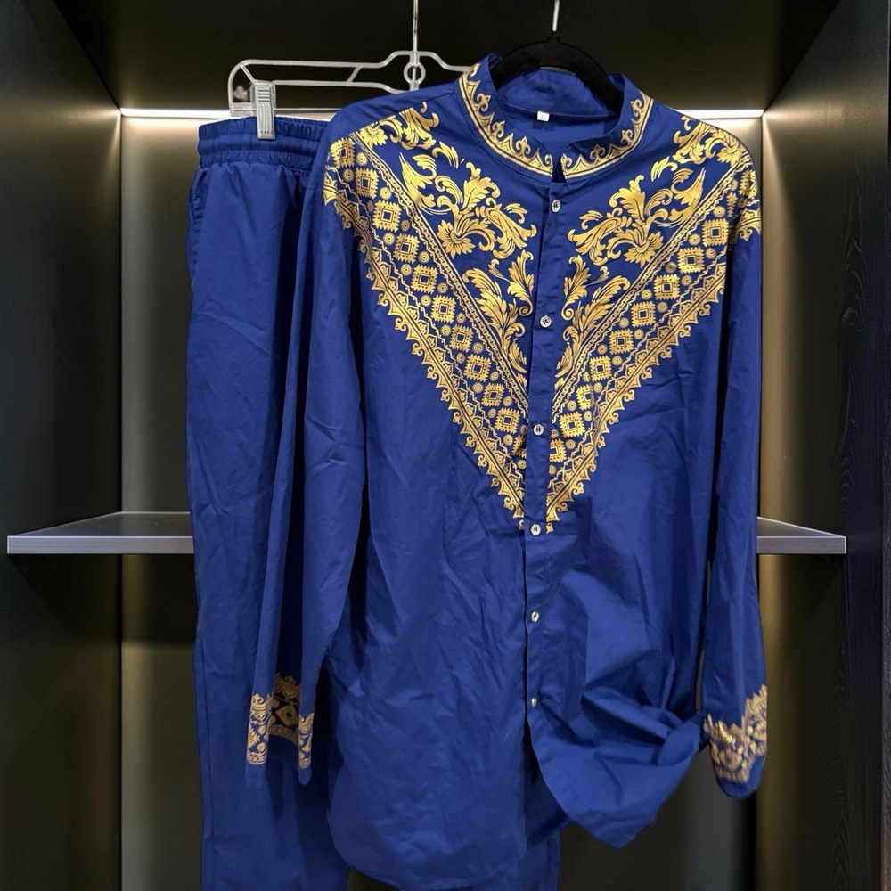 Men's African Dashiki 2 Pc Set Royal Blue Gold Print XL 100% Cotton Shirt Pants